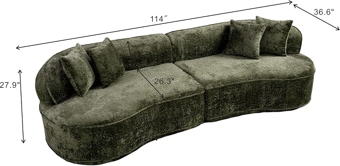 114-Inch Curved Boneless Modular Sofa Compressed 4-Seat Cloud Couch with 4 Pillows, Modern Curved Boneless Foam Sofa Floor Deep Seat Cloud Couch for Living Room Bedroom