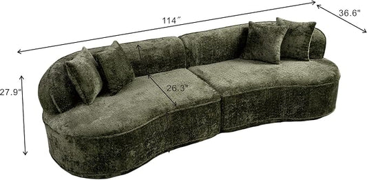 114-Inch Curved Boneless Modular Sofa Compressed 4-Seat Cloud Couch with 4 Pillows, Modern Curved Boneless Foam Sofa Floor Deep Seat Cloud Couch for Living Room Bedroom