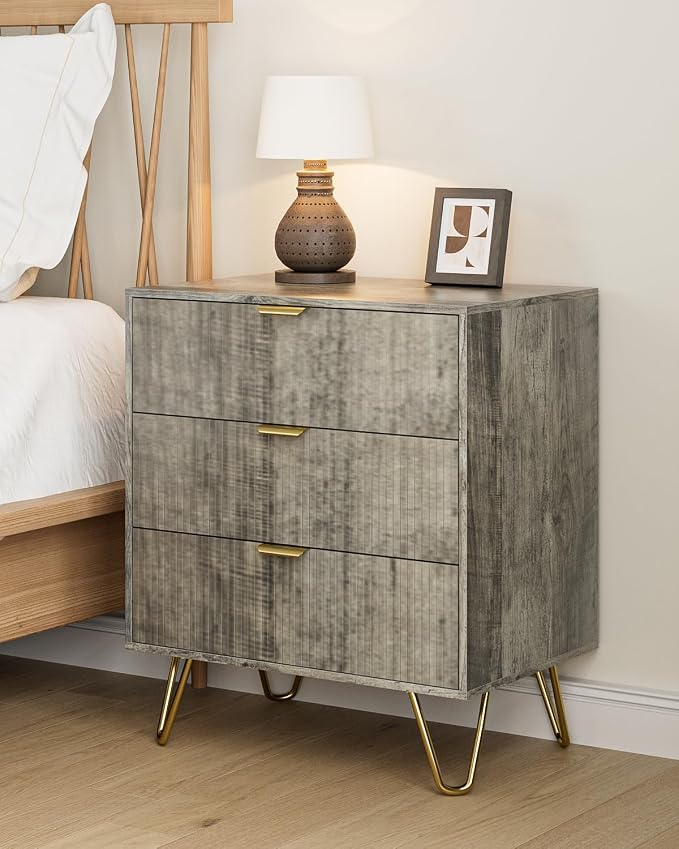 Grey Dresser for Bedroom, Modern Fluted 3 Drawer Dresser with Storage, Dresser Chest of Drawers with Gold Handles for Bedroom, Living Room, Closet, Hallway, 15.8" D x 23.6" W x 27.6" H