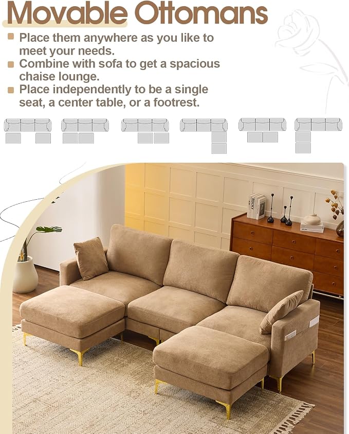 Karl home 99.6" 3-Seat U-Shaped Sectional Sofa, Khaki | Chenille Upholstered, 2 Movable Ottomans, Cloud-Like Seat, 2 Throw Pillows, Comfy Deep Seat, Living Room, Apartment, Office