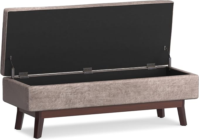 SIMPLIHOME Owen Rectangular Storage Ottoman - 48 inch Wide Upholstered Vegan Leather Lift-Top Ottoman in Distressed Grey Taupe, Mid-Century Modern Ottoman for Living Room with Tufted Detail