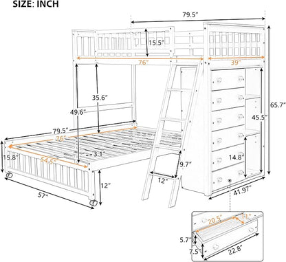 Ball & Cast Wooden Twin Over Full Bunk Bed with 6 Drawers & Flexible Shelves,Bottom Bedframe W/Wheel,Easy Assembly,Space Saving,Versatile Storage Furniture for Boy Girl Teen Compact Bedroom,Espresso