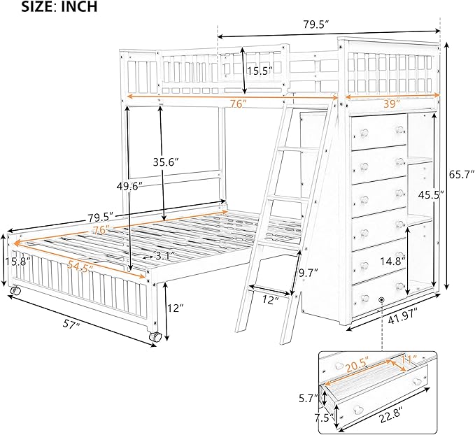 Merax Twin Over Full Bunk Bed with 6 Drawers and 3 Flexible Shelves, Wooden Bunk Bedframe with Storage and Movable Lower Bed, No Box Spring Needed