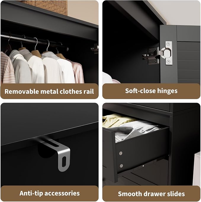 Garvee 70" Wardrobe Armoire Wooden Closet with 2 Doors and 3 Drawers, Bedroom Armoire with Hanging Rod Shelf, Large Capacity Storage Wardrobe Armoire, Freestanding Wooden Closet Storage Cabinet