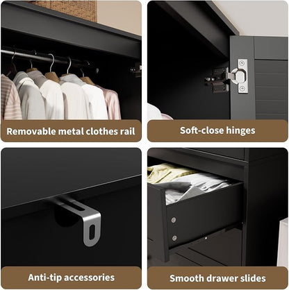 Garvee 70" Wardrobe Armoire Wooden Closet with 2 Doors and 3 Drawers, Bedroom Armoire with Hanging Rod Shelf, Large Capacity Storage Wardrobe Armoire, Freestanding Wooden Closet Storage Cabinet