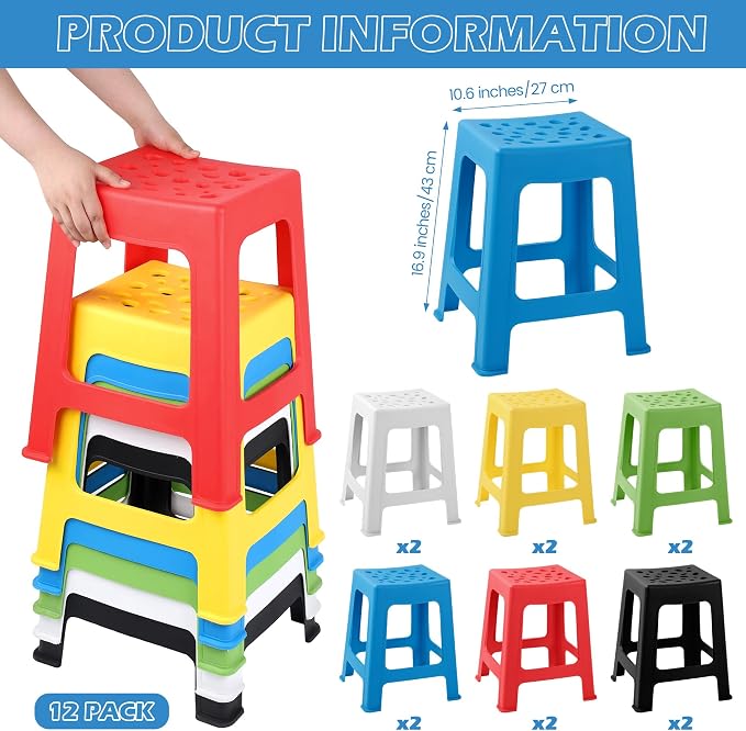 TURSTIN 12 Pack Plastic Stack Stools, 16.9 Inch Stackable Nesting Stools, 6 Mixed Colors Portable Stacking Backless Bar Stool Flexible Seating Chairs for Office Home