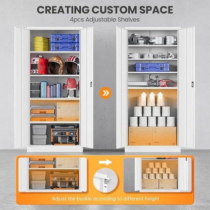Metal Garage Storage Cabinets with Lock, 71" Tall Tool Cabinet with 2 Door and 4 Adjustable Shelves, Locking Garage Cabinets and Lockable Steel Locker for Home Office Warehouse - (White-71”H)