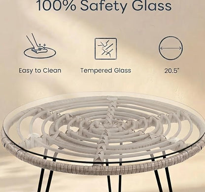 3-Piece Patio Furniture Set, Wicker Bistro Set with 2 Cushioned PE Rattan Armchairs and Glass Top Coffee Table, Small Conversation Set for Balcony, Porch, Backyard, Grey/Grey