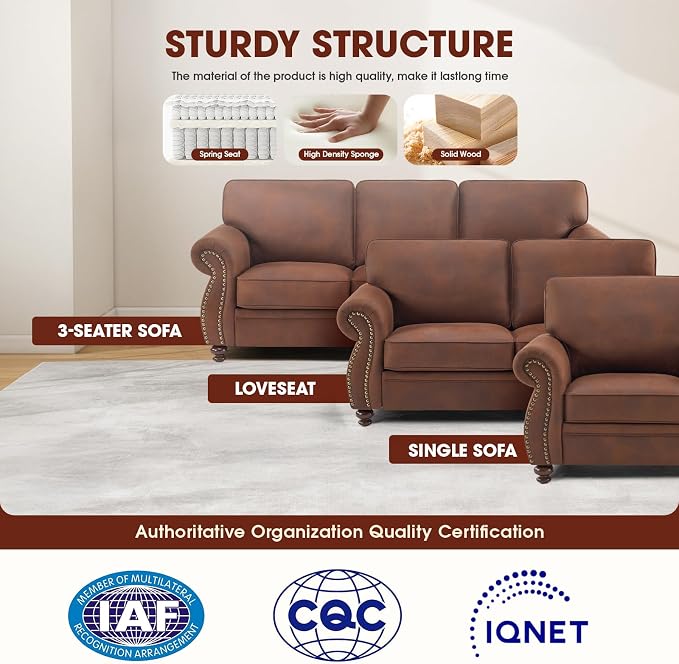 Couchus Living Room Furniture Sets,Sofa Sets and Couch Sets for Living Room,Mid-Century Vintage Sofa Couches with Rivet Design (Caramel Rust, 2 Single+3 Seater)