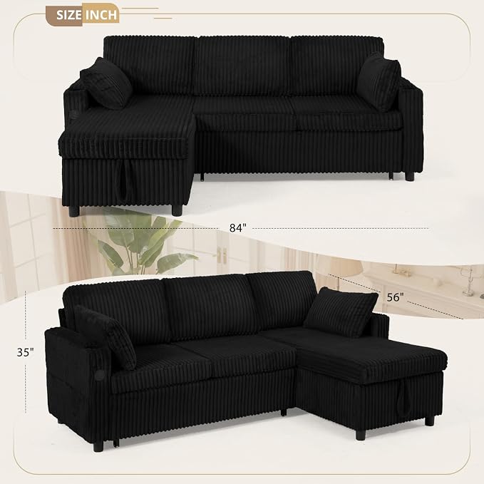 84" Corduroy Upholstered Sofa Bed w/Adjustable Backrests, Convertible Pull Out Sofa Bed w/USB Ports, L-Shape Sectional Sleeper Couch w/Cup Holder for Living Room,Apartment, Black