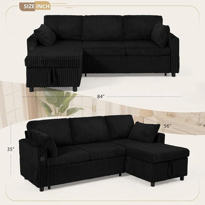 84" Corduroy Upholstered Sofa Bed w/Adjustable Backrests, Convertible Pull Out Sofa Bed w/USB Ports, L-Shape Sectional Sleeper Couch w/Cup Holder for Living Room,Apartment, Black
