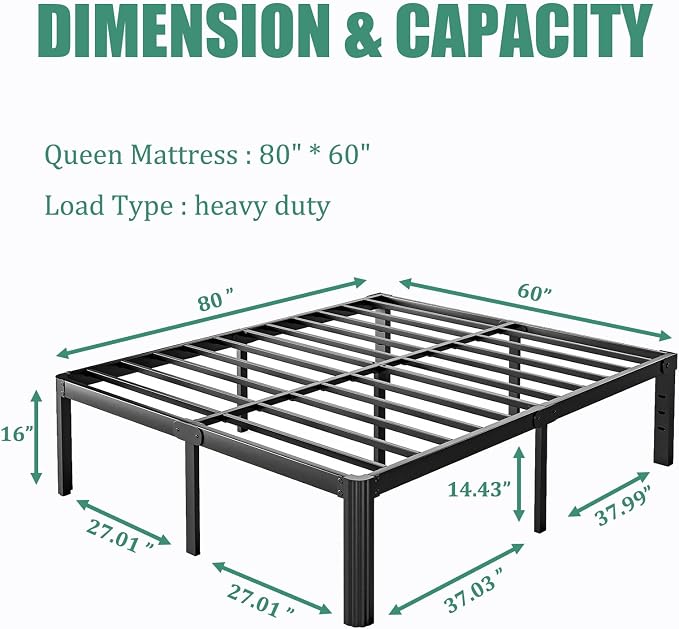 16 Inch High Platform Metal Queen Size Bed Frame, Queen Bed Frame no Box Spring Needed, Easy Assembly, Heavy Duty, Noise Free, Black