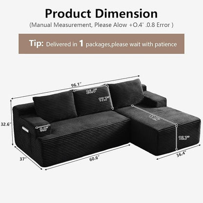 96" Cloud Sectional Couch with L-Shape Chaise, Modular Comfy Sofa Chaise Longue, Upholstered Corduroy Couches Sleeper with Deep Seat for Living Room Bedroom, No Assembly Required(Black, Right Facing)
