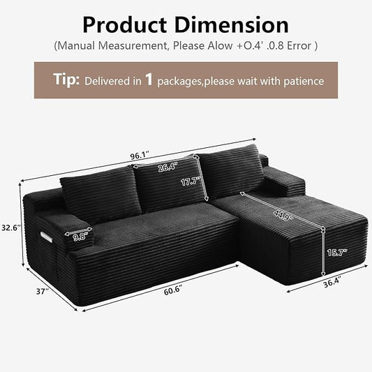 96" Cloud Sectional Couch with L-Shape Chaise, Modular Comfy Sofa Chaise Longue, Upholstered Corduroy Couches Sleeper with Deep Seat for Living Room Bedroom, No Assembly Required(Black, Right Facing)