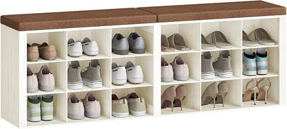 Hzuaneri Shoe Storage Bench with Cushion, Entryway Storage Bench with 18 Cubbies, 9.5" Widened Organizer Cabinet, Long Cubby Rack for Living Room, Bedroom, Entryway, White and Brown SB25714KA