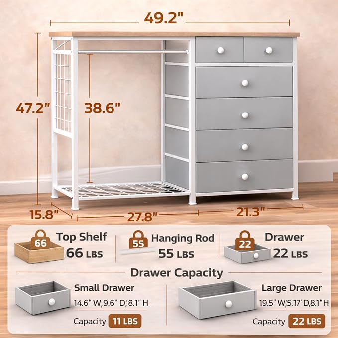 Simple Deluxe Storage Clothes Rack with 6 Drawers, Charging Station & LED Lights, Fabric Chest Shelves Clothing Rack, Wooden Portable Wardrobe Closet, 49.2" W x 15.7" D x 47.2" H, Silver