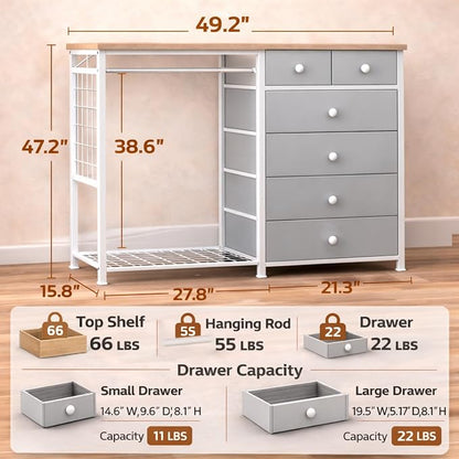 Simple Deluxe Storage Clothes Rack with 6 Drawers, Charging Station & LED Lights, Fabric Chest Shelves Clothing Rack, Wooden Portable Wardrobe Closet, 49.2" W x 15.7" D x 47.2" H, Silver