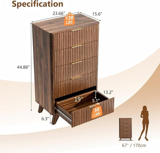 VINGLI Fluted Tall Dresser 5 Drawer, 23.66" W Chest of Drawers, Walnut Wood Dresser for Bedroom Mid Century Modern with Rounded Edge, 23.66" W*15.59" D*44.88" H