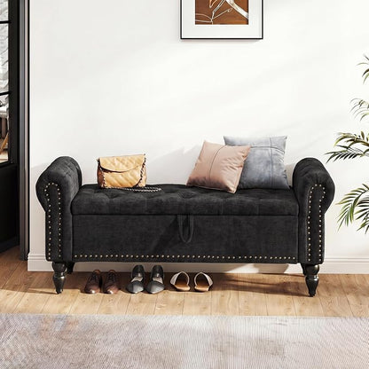 Furniliving 51” End of Bed Storage Bench, Bedroom Bench with Button-Tufted, Upholstered Storage Ottoman Benches Window Bench with Storage, Chenille Bench for Living Room, Entryway, Black
