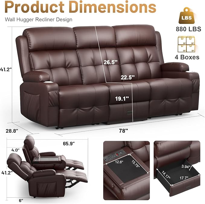 Loveseat Recliner Sofa, Home Theater Seating with Massage, 3 Seat Reclining Loveseats with Flip Backrest, Wall Hugger RV Couch Theater Chairs, RV Furniture Sofas with USB, Cup Holders for Gaming Room
