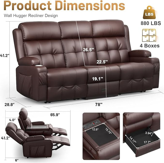 Loveseat Recliner Sofa, Home Theater Seating with Massage, 3 Seat Reclining Loveseats with Flip Backrest, Wall Hugger RV Couch Theater Chairs, RV Furniture Sofas with USB, Cup Holders for Gaming Room