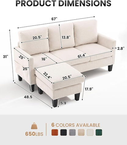 Karl home 67" Small Sectional Couch L Shaped Sofa, Beige | Movable Storage Ottoman, Corduroy Upholstered, Sofa Chaise, Side Pockets 5.9" Sofa Legs for Living Room, Apartment, Studio
