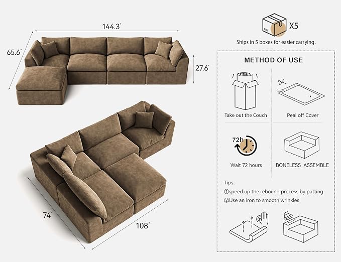Cloud Sectional Couches for Living Room | 144 Inch L-Shaped Boneless Couch with Ottoman | Brown Modular Sectionals Sofa Couch