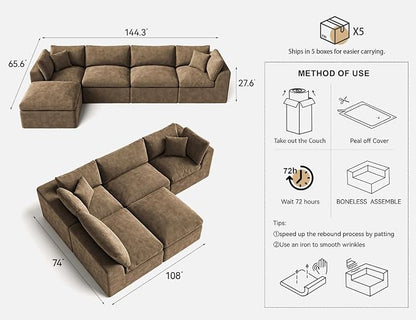 Cloud Sectional Couches for Living Room | 144 Inch L-Shaped Boneless Couch with Ottoman | Brown Modular Sectionals Sofa Couch