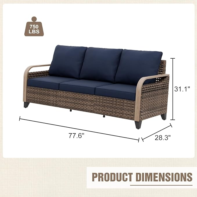 Modern Wicker Patio Sofa, Rattan Outdoor Couch for Small Balcony, 3 Seat Couch Furniture Set for Garden Deck Backyard, Brown/Blue