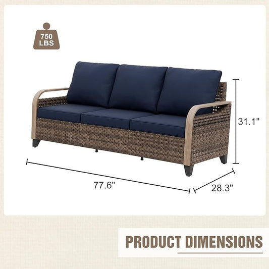 Modern Wicker Patio Sofa, Rattan Outdoor Couch for Small Balcony, 3 Seat Couch Furniture Set for Garden Deck Backyard, Brown/Blue
