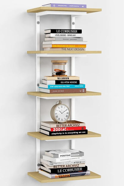 Harwaya White and Natural Tiered Wall Shelf Unit, 5 Tier Display Floating Shelves, Deep Hanging Wall Shelving Unit for Living Room Plants TV, Bedroom Books, Office Décor (White and Natural Wood)