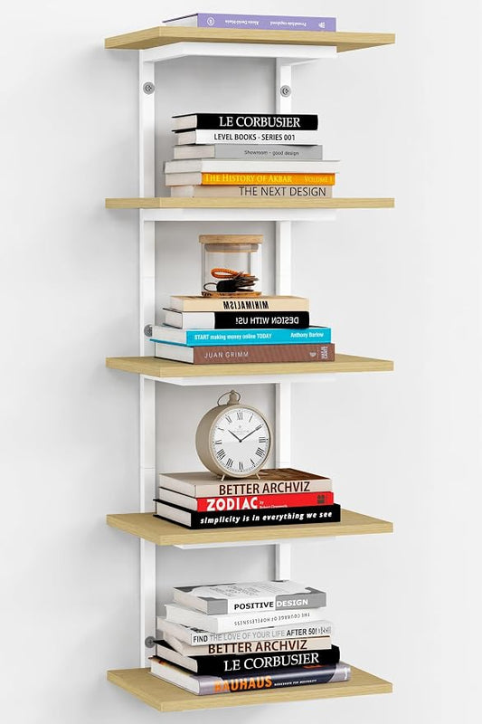 Harwaya White and Natural Tiered Wall Shelf Unit, 5 Tier Display Floating Shelves, Deep Hanging Wall Shelving Unit for Living Room Plants TV, Bedroom Books, Office Décor (White and Natural Wood)