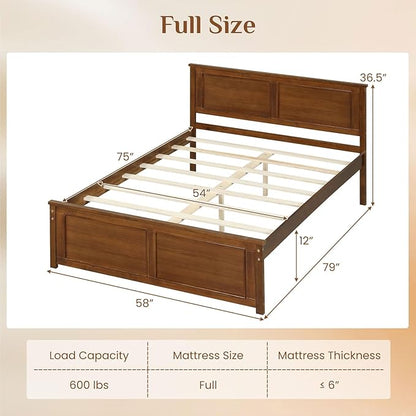 Giantex Wood Full Size Bed Frame with Headboard, Farmhouse Solid Platform Bed w/Wooden Slat Support Mattress Foundation, Under-Bed Storage, No Box Spring Needed, Walnut