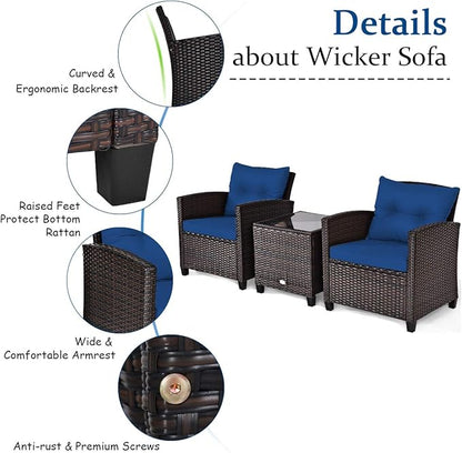COSTWAY 3PCS Patio Furniture Set, PE Rattan Wicker Sofa w/Washable Cushion and Coffee Table, Tempered Glass Tabletop, Outdoor Conversation Set for Balcony, Porch, Yard, Backyard, Lawn, Navy Blue