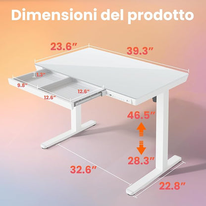 HUANUO Glass Standing Desk with Drawers, 40 X 24 Inch Electric Adjustable Height Desk, Quick Install One-Piece Tabletop with USB Charging Ports, White
