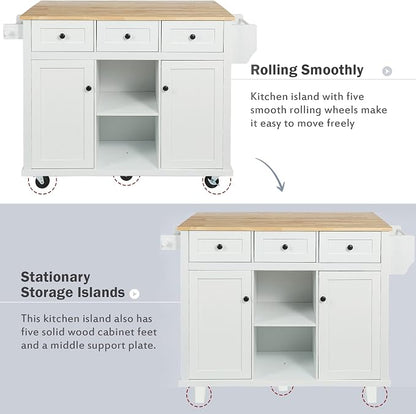 Large Kitchen Island with Rubber Wood Drop Leaf, Rolling Kitchen Cart with Ample Storage on Wheels with Doors and Drawers for Dining Room (Modern White, White Handle, 53Inch)