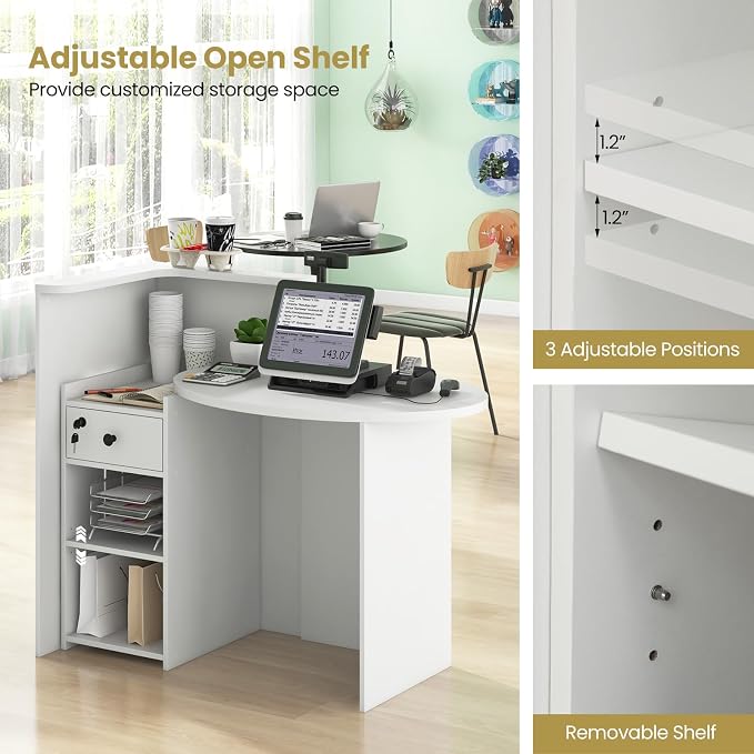 Reception Desk, Retail Checkout Counter w/Lockable Drawer & Open Shelves, Computer Workstation, Small Front Desk Reception Counter for Company Lobby Store Salon Office (White)