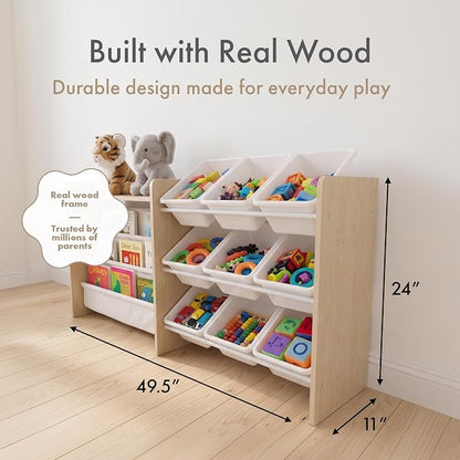 Humble Crew Toy Storage Organizer with Book Shelf and Top Shelf, 9 Removable Storage Bins for Kids Playroom, Toy Organization, Solid Wood, Natural/White