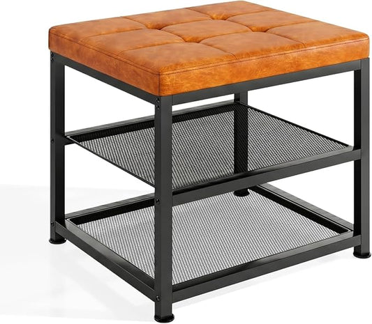 Small Shoe Storage Bench with PU Leather Seat Cushion, 3-Tier Freestanding Shoe Rack Organizer for Entryway, Heavy-Duty Metal Mesh Shelves, Supports Up to 300 lbs, Brown (15.7"x11.4"x17.5")