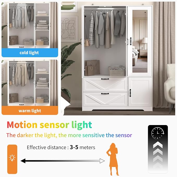 Armoire Wardrobe Closet with 3 Door, Bedroom Armoire with Mirror, LED Light, Hanging Rod, Drawers,Adjustable Shelves,Large Capacity Closet for Bedroom,47.2L,White