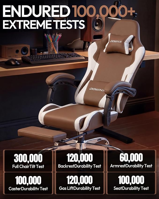 Dowinx Ergonomic Gaming Chair with Footrest & Massage Lumbar, 2D-Linkage Armrests for Computer Chair 330lbs with Headrest Pillow for Office, Home, Streaming and Long Gaming Sessions, Fabric Brown