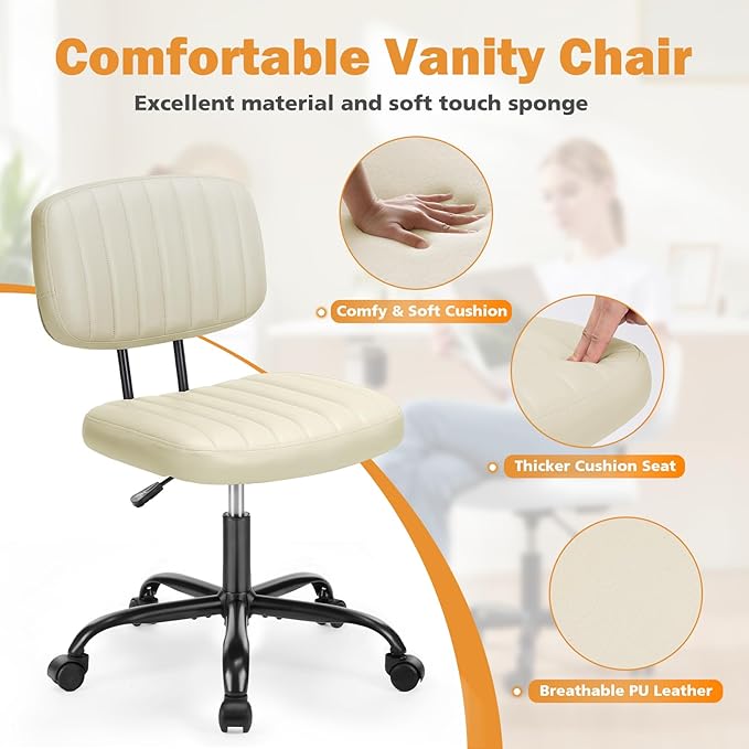 Sweetcrispy Small Office Desk Chair, Armless PU Leather with Comfy Lumbar Support, Height Adjustable Rolling Swivel Task for No Arms, for Adult, Student, Bedroom, Home, Vanity, Beige White