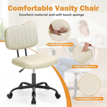 Sweetcrispy Small Office Desk Chair, Armless PU Leather with Comfy Lumbar Support, Height Adjustable Rolling Swivel Task for No Arms, for Adult, Student, Bedroom, Home, Vanity, Beige White