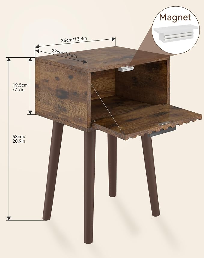 YMYNY Fluted Nightstand Set of 2, Small End Table, Modern Coffee Table with Drawer, Solid Wood Legs, Retaining Chain, 13.8" x 10.6" x 20.9", for Bedroom and Small Spaces, Rustic Brown UHST014H-2