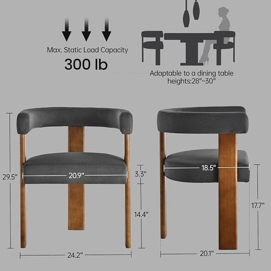 Usaint Wooden Barrel Dining Chairs Set of 2, Mid-Century Modern Upholstered Dining Room Chairs with Walnut Wood Legs and Loop Back, Accent Arm Chair for Dining Room, Kitchen, Living Room, Dark Gray