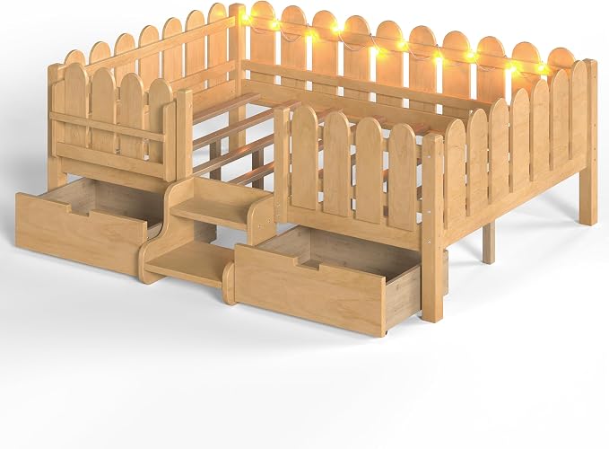 Bellemave Full Kids Montessori Bed with Stairs, Bookshelf and LED Lights, Solid Wood Kids Bed Frame with Storage Drawers for Boys Girls, Low Profile,Natural