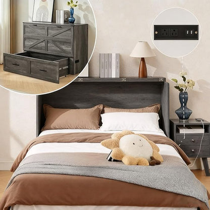 Queen Murphy Bed with Charging Station Large Storage Drawer Farmhouse Wood Space Saving Hidden Foldable Cabinet Bed for Bedroom Office School, Rustic Grey