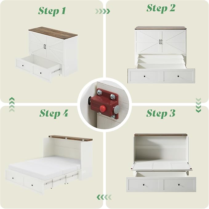 AMERLIFE Queen Murphy Bed Cabinet with 6" Tri-Fold Memory Foam Mattress, Storage Drawer & Charging Station, Space-Saving Guest Bed for Home Office, Distressed White