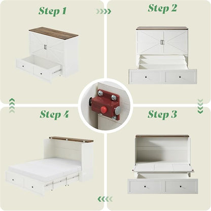 AMERLIFE Full Murphy Bed Cabinet with 6" Tri-Fold Memory Foam Mattress, Storage Drawer & Charging Station, Space-Saving Guest Bed for Home Office, Distressed White