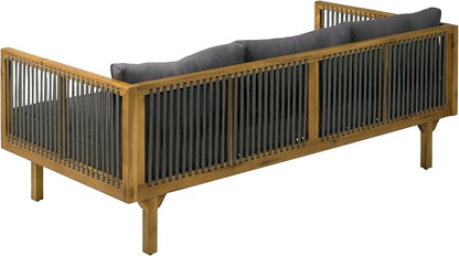 Merax Acacia Wood Outdoor Patio Loveseat Sofa w/Coushion and & Light Brown Rope, 3-Seater Sofa Daybed for Backyard, Lawn, Deck, Balcony, Water Repellent Fabric, 600 lbs Capacity,Teak + Gray